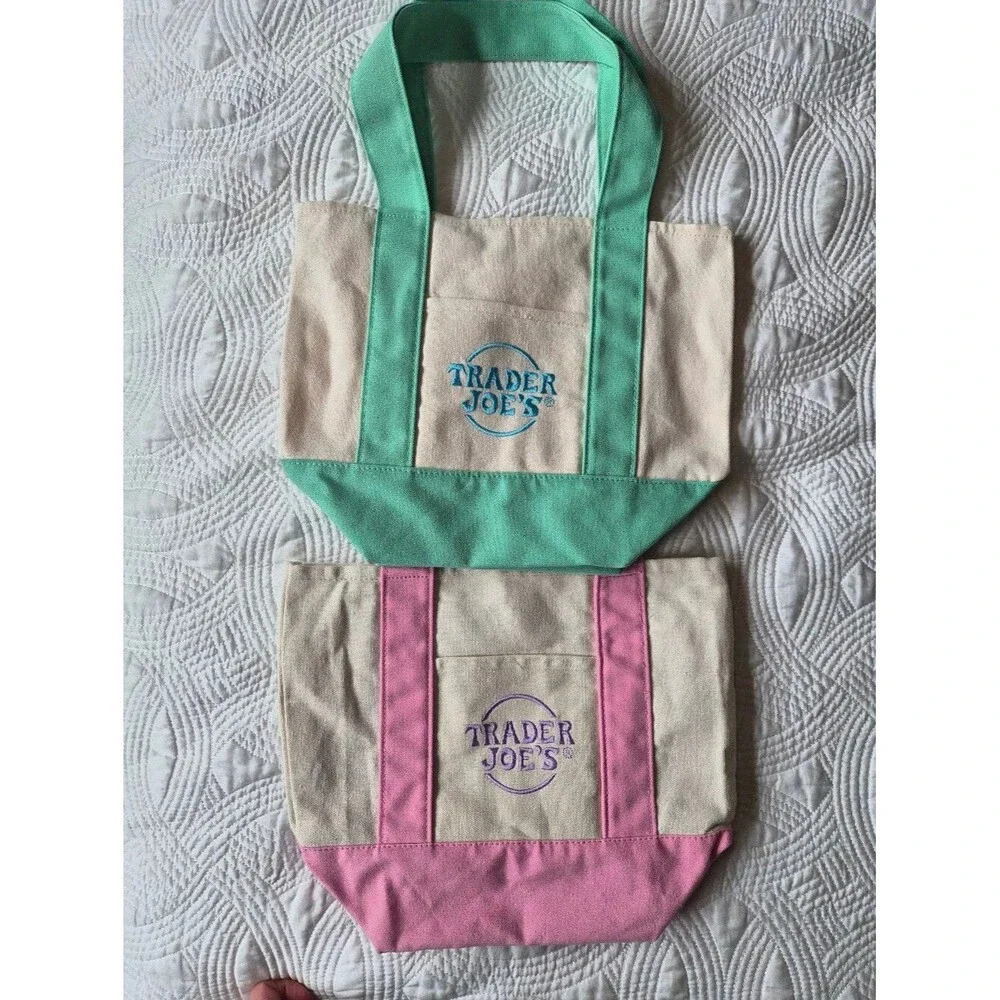 EUC Trader Joe's Canvas Mini Tote Bag Mint Green Pastel Pink Bundle